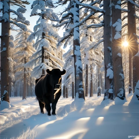 Black angus in the winter Siberian forests of Russia