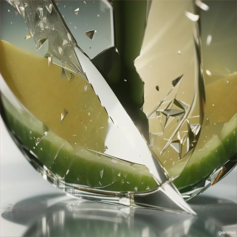 A hands with a knife cutting fruit made of a glass,