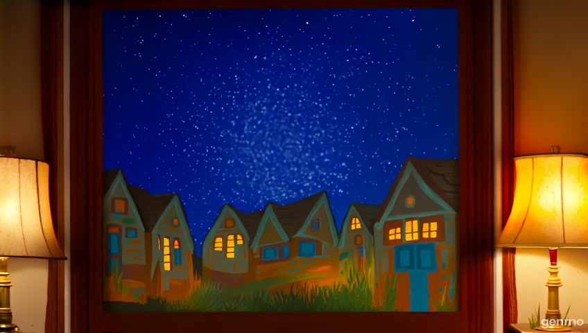 Van Gogh’s “Starry Night” swirls to life as spinning stars shoot across the sky and the painted village windows flicker with gentle light.