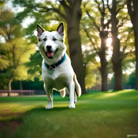 A slow-motion shot of a dog catching a frisbee in a park, leaping into the air with enthusiasm. The camera captures the joy and playful motion.