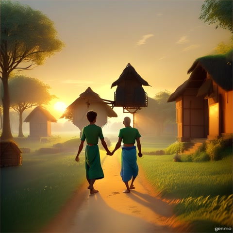 3D cartoon style: Early morning village scene with huts, cows, and a narrow path. A thin farmer (wearing dhoti and gamcha) walking barefoot with a plough on his shoulder. Background: green fields, rising sun, light fog."
