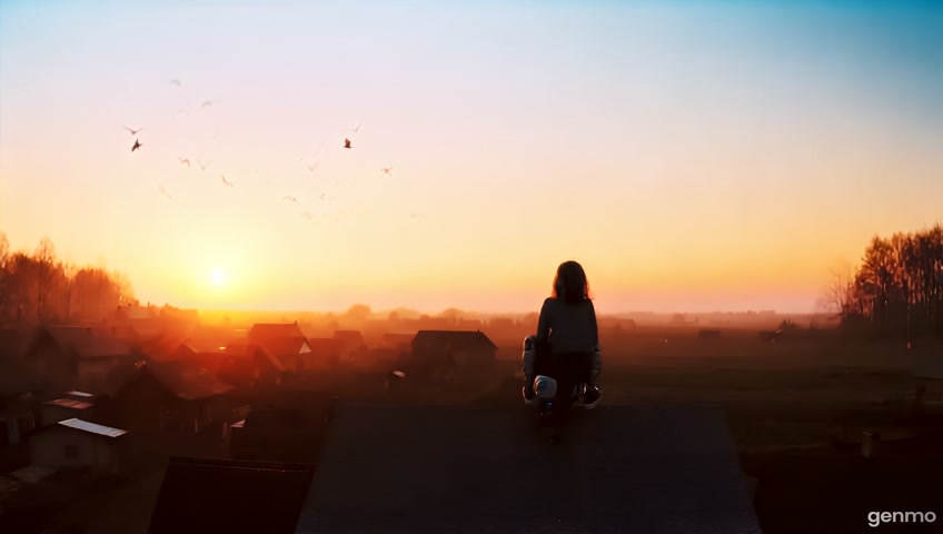 Morning light breaks. The girl sits on the robot's shoulder, watching the sunrise. Birds fly. The village is peaceful again