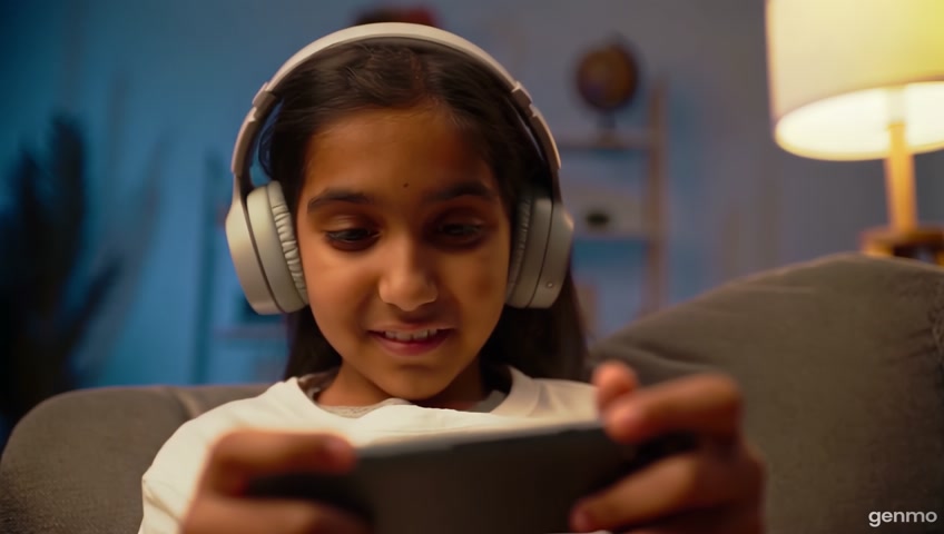 Cute Indian girl wearing headphones playing mobile game sitting on chair