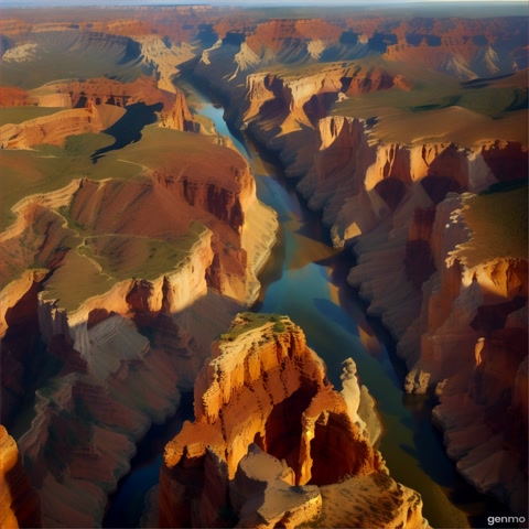 An aerial shot of a canyon at sunrise with hot air balloons rising. The camera captures the depth and scale of the landscape.