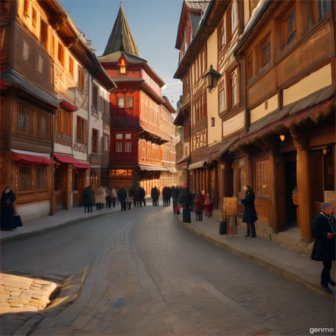 Create a video of an ancient Russian city with visible buildings, people in traditional style, shopping arcades. 
The atmosphere of our spirit of Medieval Rus'.