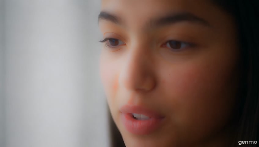 A realistic young woman speaks softly into the camera, tilting her head slightly. She blinks softly, and her lips move naturally as she speaks. Soft light, cinematic focus, shallow depth of field, high realism, 4K, organic and soft movement