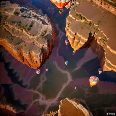 An aerial shot of a canyon at sunrise with hot air balloons rising. The camera captures the depth and scale of the landscape.