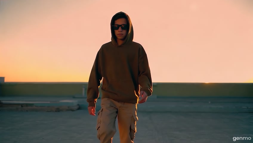 A stylish Gen Z boy walking slowly toward the camera on an empty rooftop at golden hour. He’s wearing dark sunglasses, oversized hoodie, and cargo pants. The sky is orange-pink, and the wind slightly moves his hoodie. Cinematic lighting with soft shadows and lens flare. Confident and calm expression