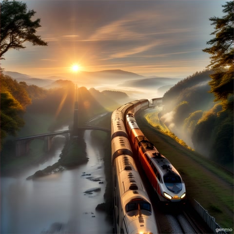 A wide-angle shot of a train crossing a towering bridge over a misty valley at sunrise. The camera follows the train's journey, emphasizing the engineering marvel and the natural beauty surrounding it.