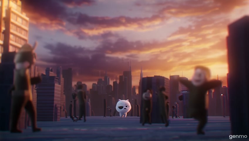 A cute cartoon white cat with a black spot over its left eye, standing calmly in the center of a chaotic city. Missiles flying through the sky, buildings shaking, people running in fear. The cat throws a tiny bell into the air, and the moment freezes—everything stops moving mid-crisis. Soft lighting, cinematic atmosphere, moody sunset background, heavy contrast between chaos and serenity. The cat stares at the viewer with calm and knowing eyes, expression neutral but powerful. Background music should feel atmospheric, dramatic but warm. Include visual text at the end that says: “A veces, solo hace falta un gato.”