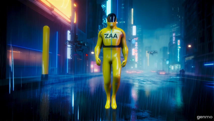 Please create a video featuring a main character walking through a futuristic cyberpunk city at night, surrounded by neon lights, flying drones, and rain. The character is wearing a bright yellow suit with the word ZAMA written on it.