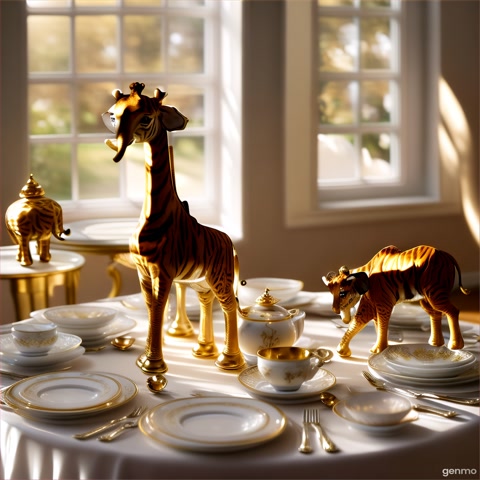 A tiny giraffe, elephant, and tiger walk cautiously down the center of an elegantly set dining table, prepared for a festive feast. The table is adorned with fine porcelain plates, polished silverware, a crystal fruit bowl, and platters of appetizers. The animals pause, their curious eyes scanning the grand surroundings as they tread carefully between the dishes. Soft, golden sunlight streams through a nearby window, casting a warm, natural glow over the scene, enhancing the cinematic realism. The camera starts with a close-up, focusing on the animals’ expressive faces and delicate movements, then slowly pulls back in a smooth reveal to show their miniature scale—smaller than the surrounding cutlery and tableware. The shot emphasizes the whimsical contrast between their tiny forms and the lavish human-sized setting, creating a sense of wonder and charm. Style: Ultra-realistic, high-detail CGI with lifelike textures (fur, porcelain reflections, fruit dewdrops). Lighting: Natural, soft diffused sunlight with subtle volumetric rays. Composition: Balanced, elegant, and slightly dreamlike, evoking a storybook aesthetic. Camera movement: Fluid, cinematic dolly shot with shallow depth of field for a magical, immersive effect