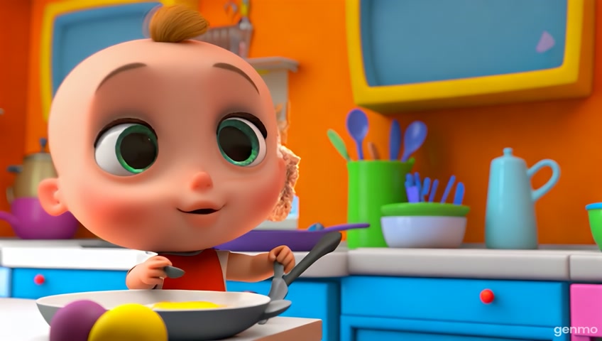 A cute baby turning into a cat while cooking eggs in the kitchen, Pixar style, smooth animation