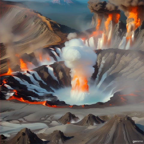 A wide-angle shot of hot geysers erupting in a volcanic landscape. The camera captures the raw power and unique geological features.