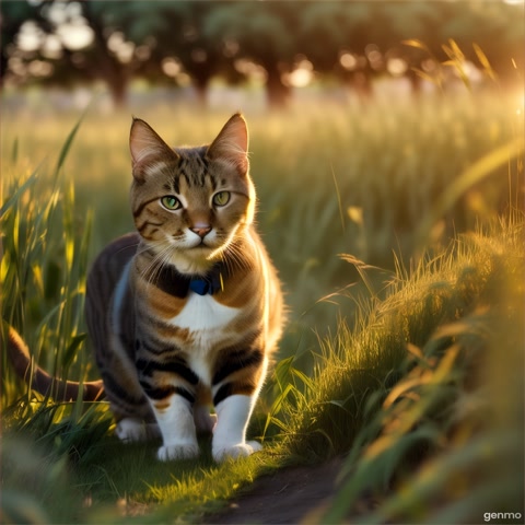 A wide-angle shot of a cat stalking a mouse through tall sunlit grass in a field. The camera slowly pulls back to reveal the vast golden meadow under a bright blue sky. Warm, natural sunlight, crisp details, cinematic shallow depth of field