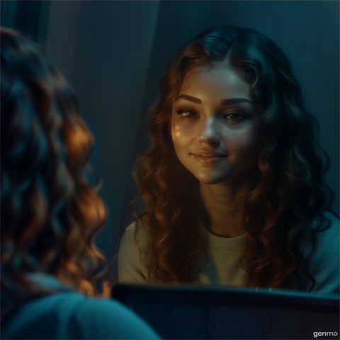 A woman looking into a mirror, but in the reflection there is a faint silhouette behind her. Expression of confusion and subtle fear on her face. Background dim and cold.