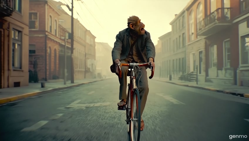 "Ek bandar jaise chehre wala aadmi — aadha insaan, aadha bandar — ek purani retro cycle par baitha hai. Uska chehra ek mischievous bandar jaisa hai, lekin sharir aadmi ka. Wo cycle chala raha hai ek shaant, purane sheher ki galiyon mein. Peeche se halki dhundh hai, aur hawa mein thoda sa nostalgia. Lighting cinematic ho, jaise early morning light. Pehnta hai ek faded jacket aur chappal, aur uske kandhe par ek chhoti jhola latak rahi ho. Thoda surreal, thoda funny, lekin realistic style mein."