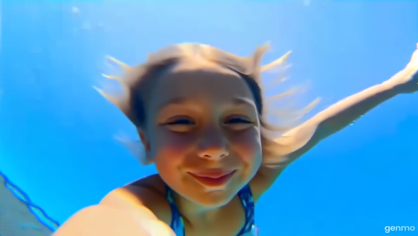 A seamless cinematic animation transition from a POV selfie above the ocean into an underwater scene — water splashing and camera going under, bubbles and lens distortion, switching to a wide underwater shot showing the girl surrounded by vibrant marine life, sunlight rays, and moving fish — smooth camera motion, 4K realistic animation, TikTok vertical framing