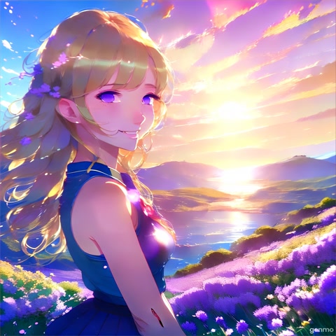 A girl with long blonde hair in a field of purple flowers. A gentle breeze is blowing. The flower field is swaying, and the girl's long hair is also swaying in the wind. The sun is shining brightly.