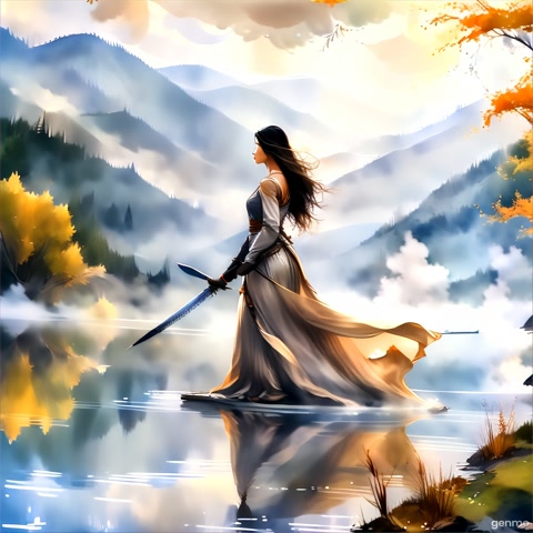 A woman standing on a lake. She is holding two swords. The lake is shrouded in fog.