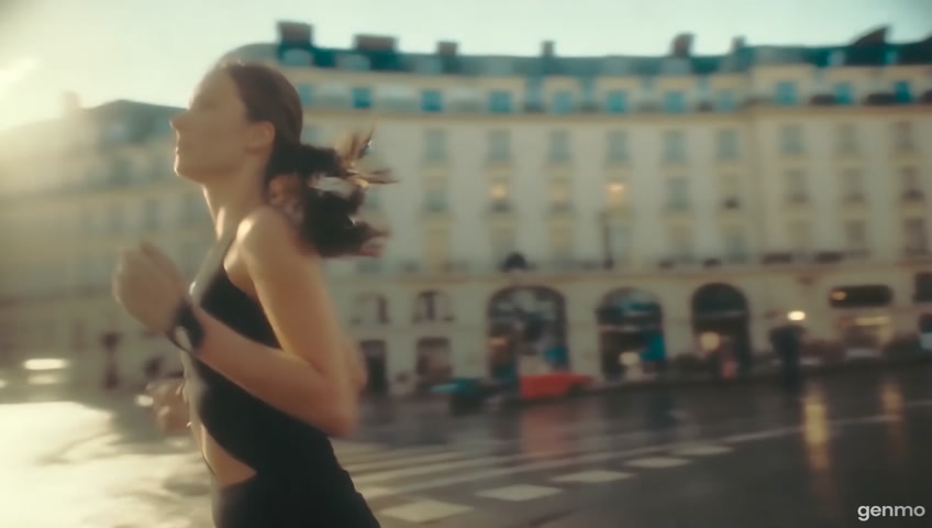 fais moi la vidéo d'une femme qui court dan sles rues de Paris en alternant sous la pluie sous la neige sous l'orage et sous le soleil