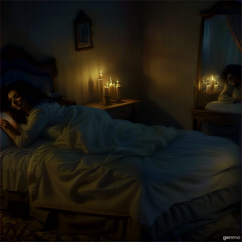 A woman sleeping on a bed, while her mirror shows her standing and staring forward. The mirror version looks alert and haunting. Candlelight casting creepy shadows on the walls.