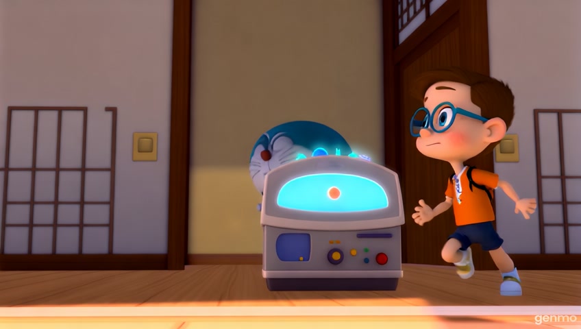 🟢 Scene 1: Nobita chạy vào tìm Doraemon
Prompt:
> "Anime-style boy with round glasses and school bag, running into a room with a blue robot cat waiting. Indoor, Japanese style room, daytime, cartoon style."
---
🟢 Scene 2: Doraemon lôi bảo bối ra
Prompt:
> "Cute blue robot cat takes out a futuristic dreaming machine. Anime style, cozy room, comic tone."
---
🟢 Scene 3: Nobita đi ngủ, mơ làm vua
Prompt:
> "Anime boy sleeping next to a strange sci-fi machine. Dream bubble showing him as a king riding a golden elephant. Cartoon humor style."
---
🟢 Scene 4: Sáng ra máy in tiền... nhưng là tiền hành tinh khỉ
Prompt:
> "Funny anime boy waking up shocked, surrounded by piles of colorful fake money with monkey faces. Cartoon comedy tone."
---
🟢 Scene 5: Doraemon giải thích, kết câu chuyện
Prompt:
> "Blue robot cat shaking head while boy cries holding fake money. Light-hearted, anime humor tone."