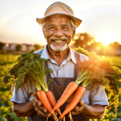 A male carrot farmer in his 60s stands amidst a beautiful sunset.