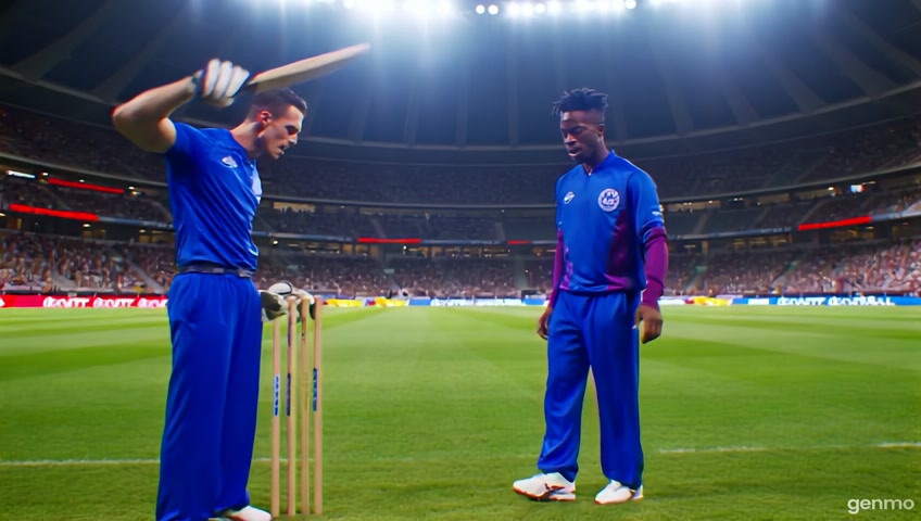 Ronaldo and Messl, flerce football
legends, face off on a crlcket pitch.
Tension builds as Ronaldo smashes
boundaries with power, while Messi
counters with graceful strokes. A heated
argument erupts over a controversial
run-out, escalating into a dramatic clash
of egos, skill, and sportsmanship beyond
football. The crowd roars