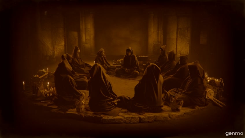 A symbolic, surreal video scene in the visual style of a lost sacred film. The entire frame is in faded monochrome — dark sepia and black tones, like burned parchment or decomposed celluloid. The image is grainy, damaged, flickering, and decayed, with film scratches and dirt. All characters and shapes are primitive, ritualistic, and dehumanized — moving slowly, like sacred puppets or dream-figures. The camera is either still or drifts with unnatural slowness. The background is timeless and void — a liminal space filled with dread and mysticism. No modern elements. No realism. Every object is symbolic: crowns, serpents, spirals, hands, masks, ladders, broken statues. All lighting is low, trembling, like dim candlelight in a ruined temple. There is no speech or dialogue. The atmosphere is ancient, metaphysical, sacred and disturbing — evoking themes of illusion, gnosis, decay, divine silence, and rebirth. Optional audio (added later) includes ambient drones, reversed chants, metallic echoes, slow ticking, breath-like whispers. Inspired by the cinematic tone of Begotten (1990), The Holy Mountain (1973), Meshes of the Afternoon (1943), and Stalker (Tarkovsky). The visual must feel like a haunted spiritual relic — a forbidden ritual remembered from a forgotten dream.
The Circle of Silence – Nine hooded monks sit in a circle, unmoving. One begins to vibrate and disintegrate into ash.