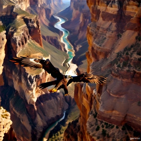 A slow-motion shot of an eagle soaring over a canyon, wings spread wide. The camera follows its graceful flight against dramatic cliffs.