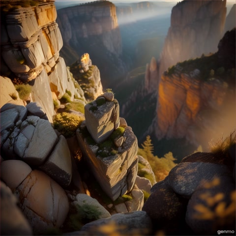 A pedestal shot moves down the face of a tall, rocky cliff. The camera captures the rugged texture of the stone and small plants clinging to the surface, then tilts to reveal a sweeping vista of the valley below.