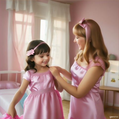 In the interior of a bright, stylish apartment, a mother helps a four-year-old girl tie a soft pink silk dress on her child. They smile, turn towards the camera, and look happily into the camera. After that, the words "Teddy clothes" appear on a blurred, light background