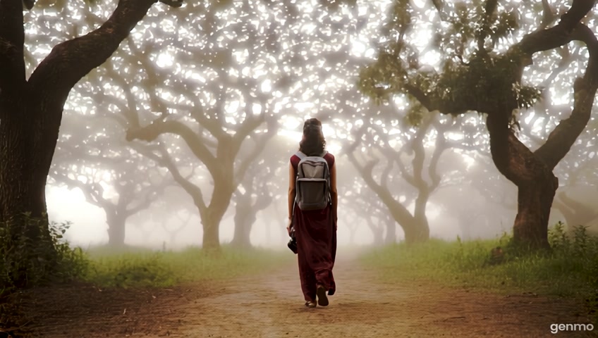 A teenage Indian girl (around 25 years old), wearing a simple salwar suit, holding a DSLR camera and a backpack, walking into a deep, misty forest in Rajasthan. The trees are tall and twisted, with soft sunlight filtering through. The atmosphere feels mysterious and magical.