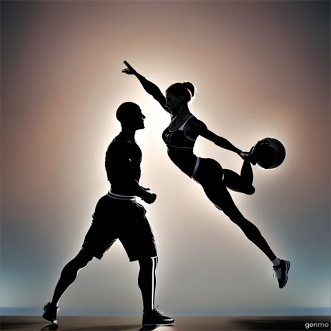 Please create a full-length silhouette of a young, athletic couple—including feet (a man on the left, a slightly shorter woman on the right)—viewed from the side. He is hugging her tightly, while she raises her arms (slightly pushed back)—their body shapes resemble the letter K. He represents the straight line, she the bent line (of the letter K). They are of average athletic build, she has long blonde hair, and he—importantly—is bald. They are dressed elegantly but athletically. A solid background.