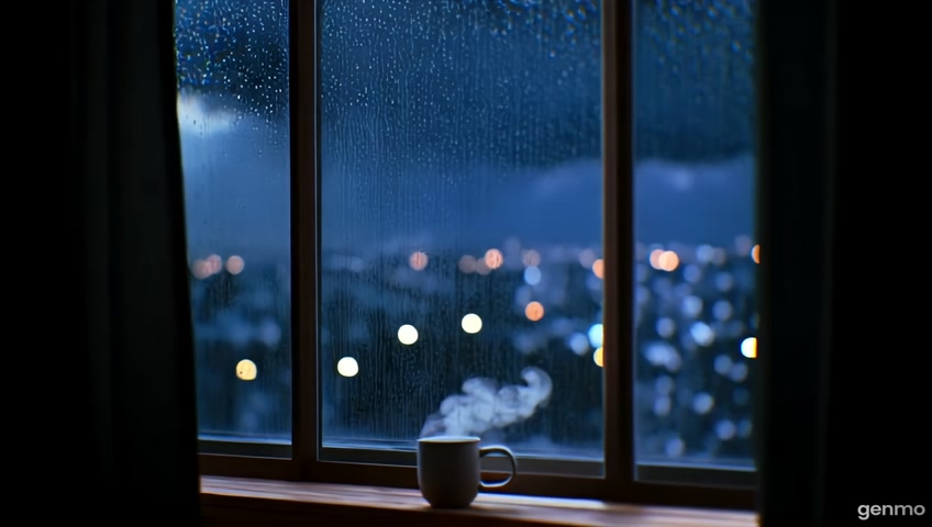 4K ultra-realistic cinematic loop of gentle rain falling on a windowpane at night, viewed from inside a dimly lit cozy room. Blurry city lights (bokeh) glow in the distance. Occasional soft lightning flashes illuminate the sky faintly. Reflections shimmer on the wet glass. A steaming coffee mug rests on a wooden windowsill in the foreground. Subtle camera movement with a very slow zoom-in. Moody atmosphere, low saturation colors, melancholic tone. Seamless 10-second loop. Render in 24fps, natural lighting, shallow depth of field, ambient rain sound implied