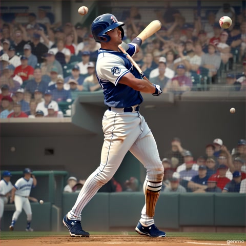 A slow-motion shot of a baseball player hitting a home run, the ball soaring. The camera captures the moment of impact and triumph.