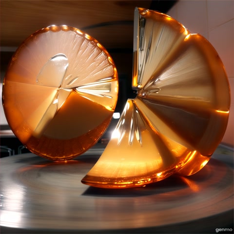 Fixed kitchen angle, ultra-realistic cinematic view: generate a round orange made of amber-orange stained glass, radiant and translucent with a smooth, glassy finish. Placed in the center of a soft wooden board. Overhead lighting creates internal glow and shimmering highlights. A human hand slices vertically with a polished steel knife. Each of 3 precise cuts breaks the orb with a soft glassy crunch. No debris, no cracks—just clean, reflective section planes. ASMR slicing sounds only.