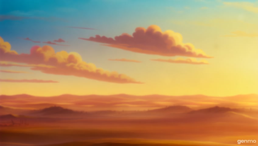 create a video of Cute chibi-style Krishna with blue skin and a peacock feather, and Arjuna with a bow on his back, sitting calmly in a golden chariot. The background is the quiet battlefield of Kurukshetra at sunrise, glowing with warm golden-orange light. Soft clouds in the sky, gentle breeze flowing, peaceful and divine atmosphere. Hindu epic fantasy, anime cartoon style, expressive and emotional characters