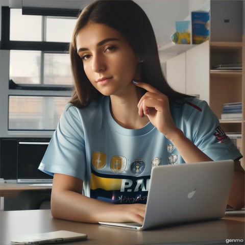 Девушка футболист, закончив работу за ноутбуком, снимает футболку с надписью почта банк и надевает футболку с надписью СОГАЗ