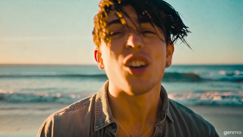 A looping video of a young American man with a stylish mullet haircut (jopete), singing joyfully on a sunny beach. The scene includes soft ocean waves in the background, warm golden lighting, and the man swaying slightly to the rhythm of the music. The animation is smooth and seamless, starts and ends the same, loopable motion, cinematic camera angle, 5 seconds.