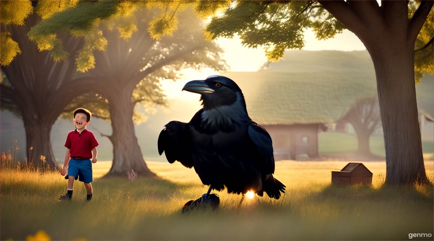 cinematic, dramatic lighting, photorealistic, Unreal Engine 5 , "Young boy (Aiden, 10 years old) laughing joyfully as a sleek black raven (Morok) swoops playfully around his head in a sun-dappled village meadow near a forge. Idyllic childhood, bright colors, sense of innocence and friendship."