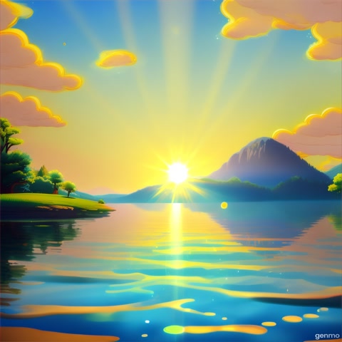 A cheerful cartoon sun shining brightly over a lake. Water is evaporating with small happy water droplets rising into the air. The sky is blue and the scene looks warm and friendly. Cartoon style, 16:9 aspect ratio.