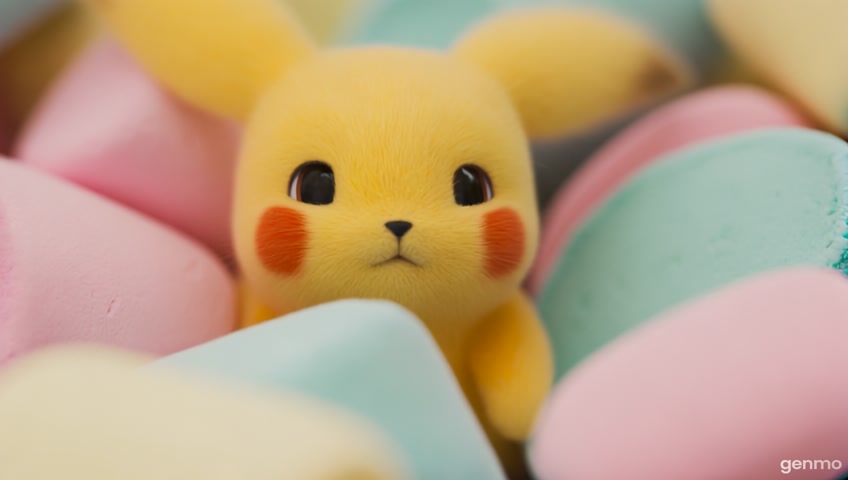> A tiny, cute Eevee surrounded by pastel marshmallows. Eevee looks around shyly, picks a marshmallow, and eats it with extreme sweetness, eyes closed in joy, kawaii style, cozy atmosphere