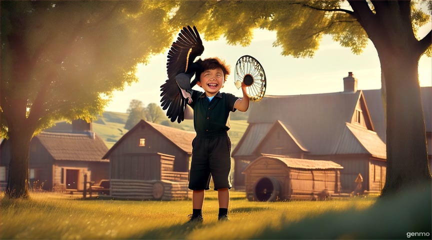 Young boy (Aiden, 10 years old) laughing joyfully as a sleek black raven (Morok) swoops playfully around his head in a sun-dappled village meadow near a forge. Idyllic childhood, bright colors, sense of innocence and friendship.
