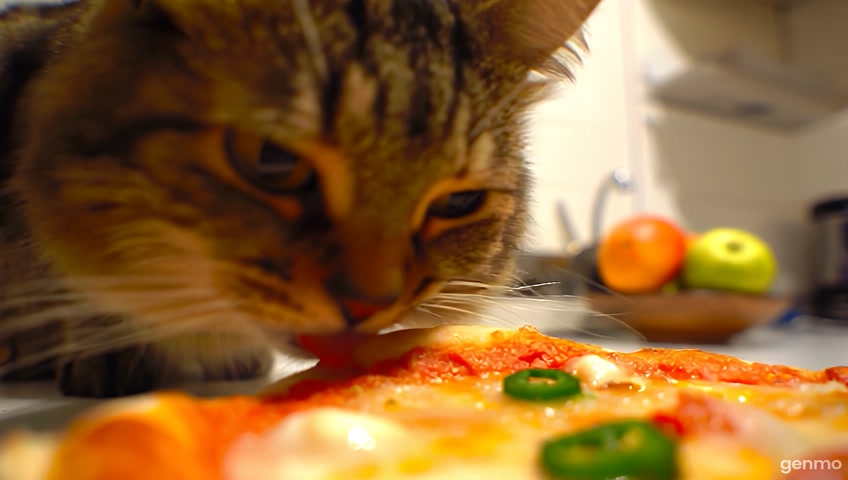 Cat eating pizza at home seating in kitchen