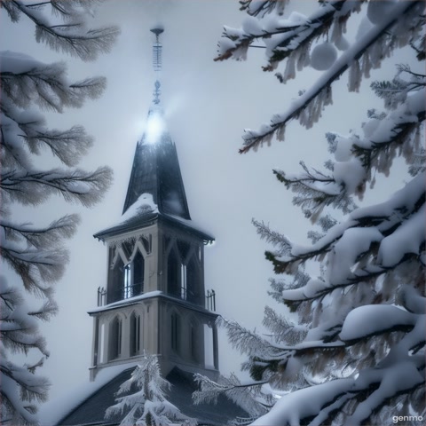 "Heavy snowfall blowing diagonally with strong wind. The bell vibrates and slowly cracks, a faint sound of metal stress. Snow swirls around the tower, tree branches shaking violently. Camera pushes in slowly toward the bell as it fractures."