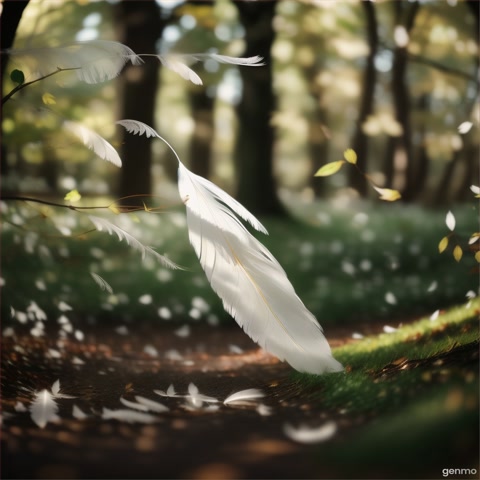 A slow-motion shot of a feather falling gently to the ground in a forest. The camera follows its descent, emphasizing peace.