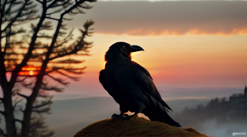 Close-up on the intense, intelligent golden eye of a now-grown black raven (Morok) perched protectively on the shoulder of a teenage boy (Aiden, 14). They stand on a hill overlooking their peaceful village at dusk. Deep bond, loyalty.
