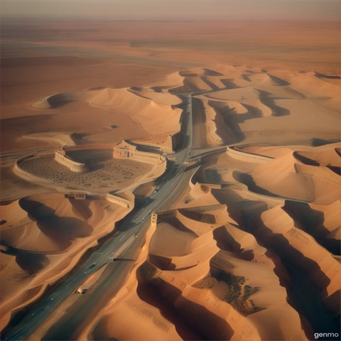 “A drone-shot view of an Indo-Pak border zone at dawn. Desert landscape, fencing, a small outpost, and motion sensors visible on poles. A suspicious figure dressed in black crosses into the area slowly, attempting to intrude. Cinematic angle, high detail, military zone setting.”